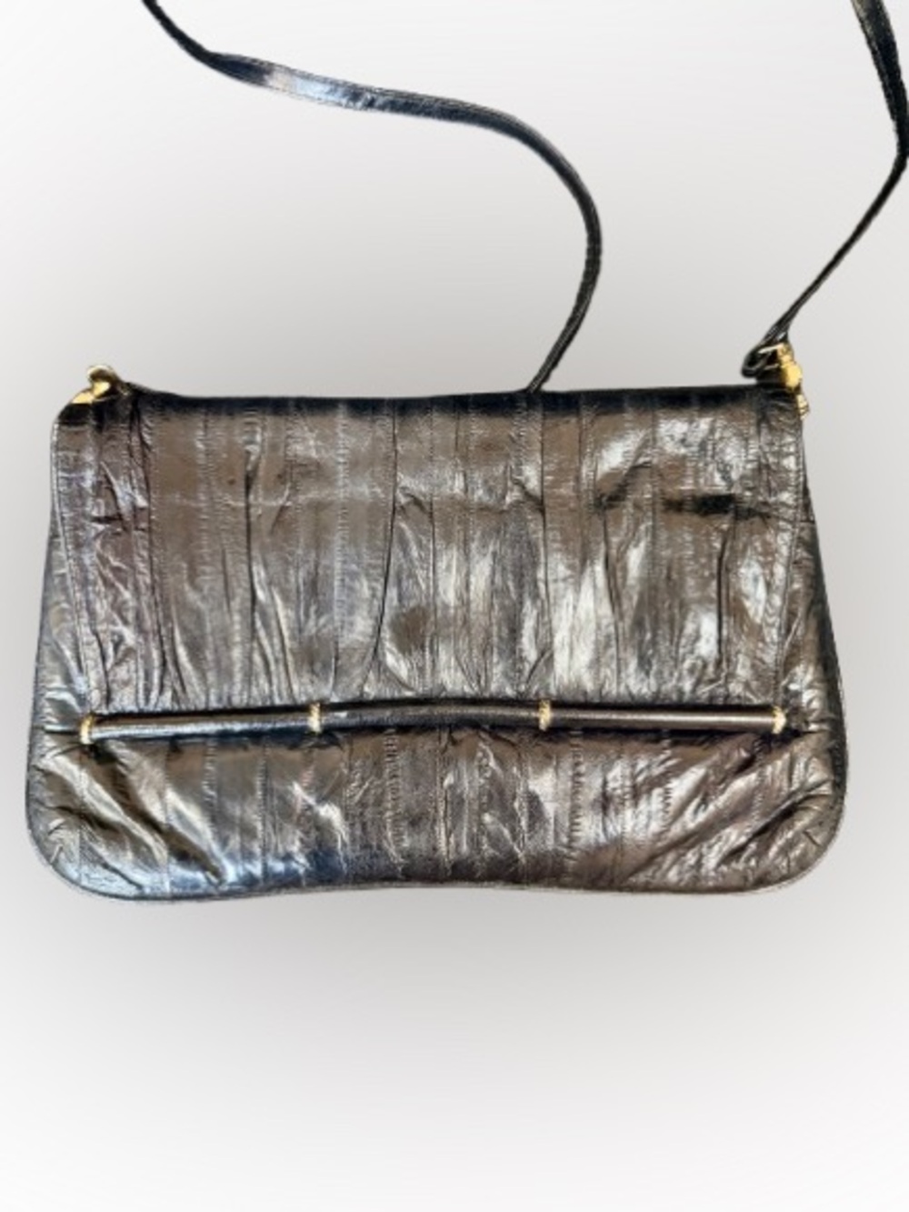 Vintage Genuine Eel Skin Black Patent Shine Crossbody Clutch Purse Korea